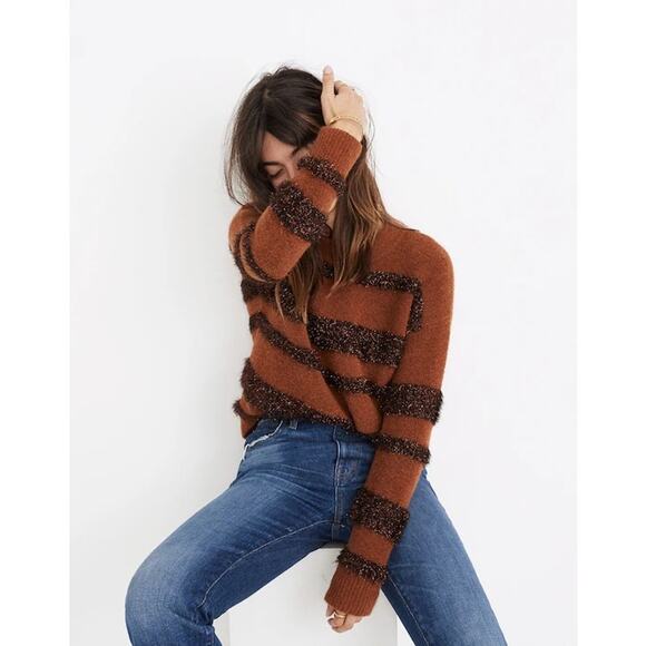 Madewell Metallic Tinsel Stripe Crewneck Sweater Womens XS Copper Holiday Party - Picture 1 of 11